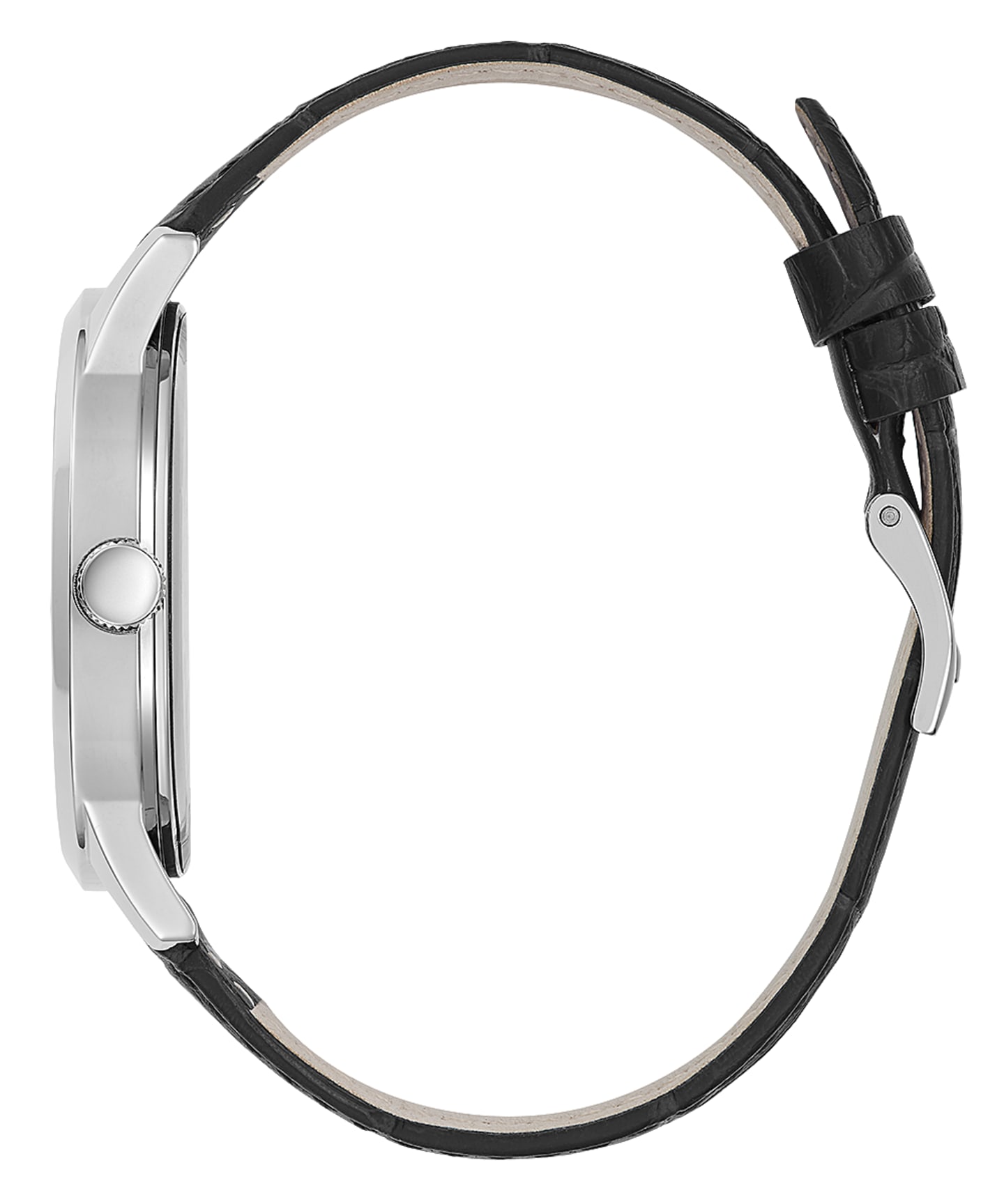 Silver Tone Case Black Genuine Leather Watch large