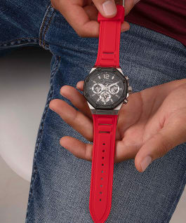 Silver Tone Case Red Silicone Watch  large