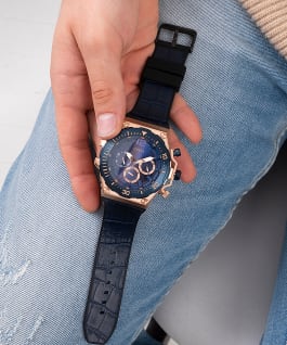Rose Gold Tone Case Blue Genuine leather/Silicone Watch  large