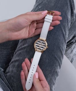 ECO-FRIENDLY GOLD AND WHITE LEATHER RECYCLED ULTRA SUEDE STRAP WATCH  large