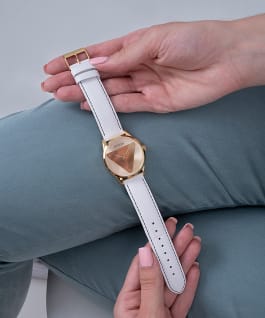 ECO-FRIENDLY GOLD LOGO AND WHITE LEATHER RECYCLED ULTRA SUEDE STRAP WATCH  large