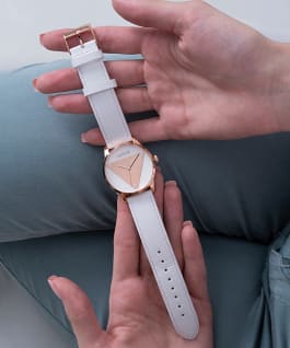 ECO-FRIENDLY ROSE GOLD LOGO AND WHITE LEATHER RECYCLED ULTRA SUEDE STRAP WATCH  large