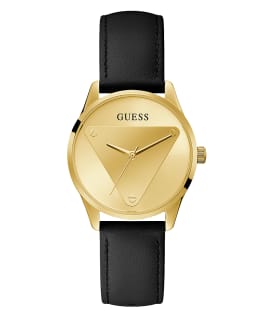 Gold Tone Case Black Genuine Leather Watch  large