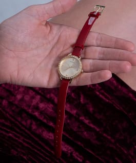 Gold Tone Case Red Genuine Leather Watch  large