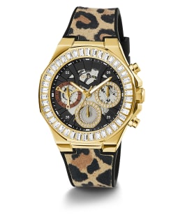 Gold Tone Case Animal Print Genuine leather/Silicone Watch  large