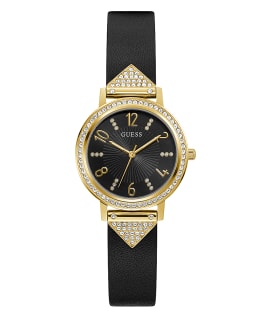 Gold Tone Case Black Genuine Leather Watch  large