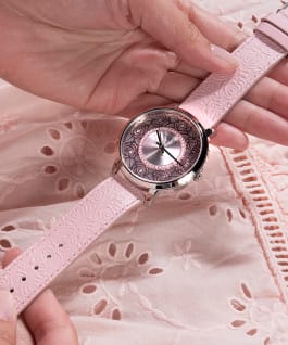 Silver Tone Case Pink Genuine Leather Watch  large