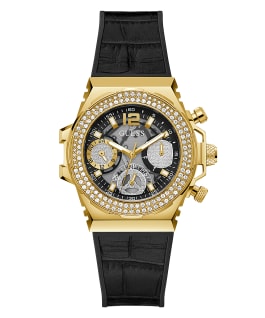 Gold Tone Case Black Genuine leather/Silicone Watch  large