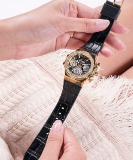Gold Tone Case Black Genuine leather/Silicone Watch  large
