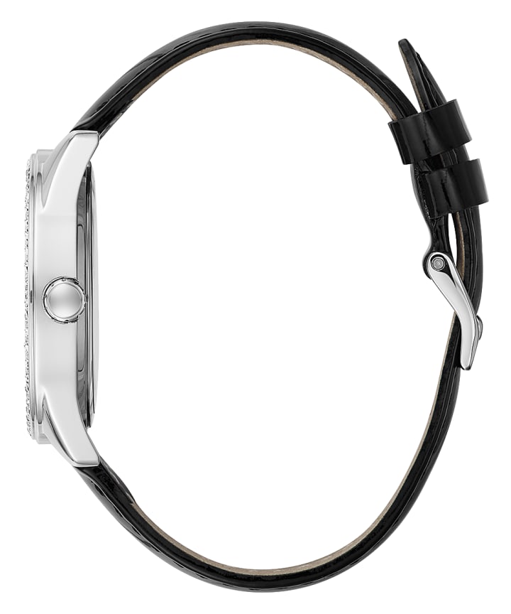 Silver Tone Case Black Genuine Leather Watch large