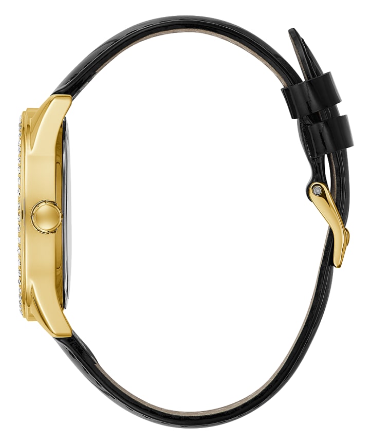 Gold Tone Case Black Genuine Leather Watch large