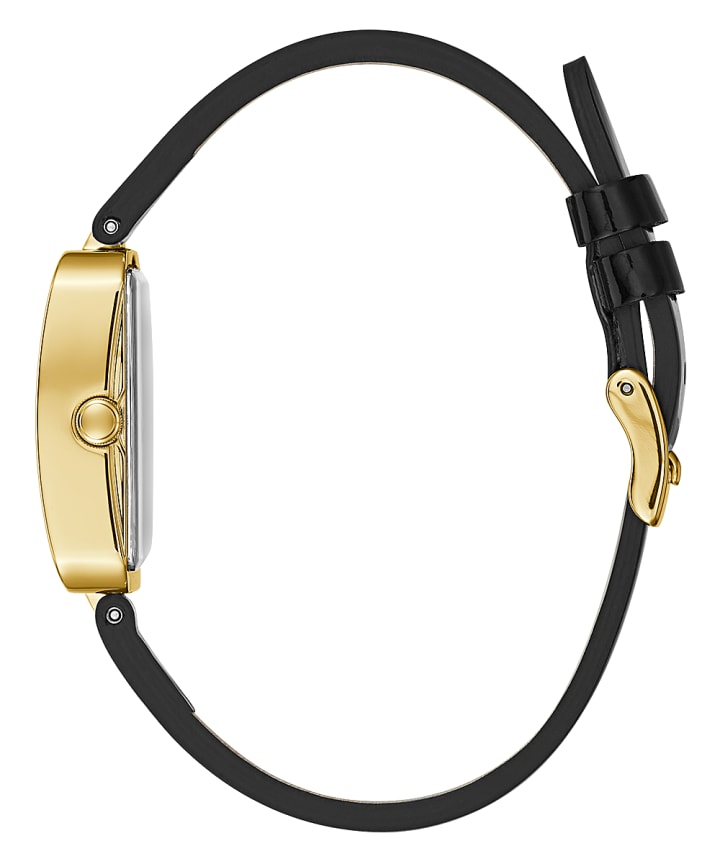 Gold Tone Case Black Genuine Leather Watch large