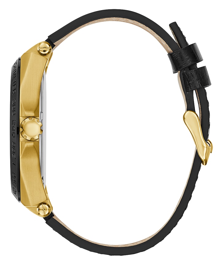Gold Tone Case Black Genuine Leather Watch large