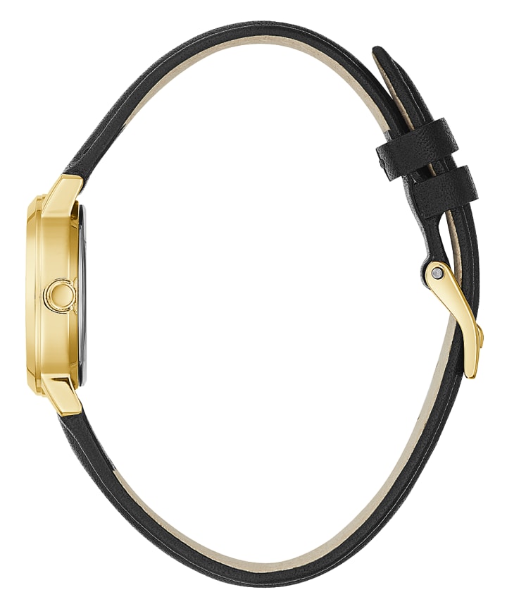 Gold Tone Case Black Genuine Leather Watch large