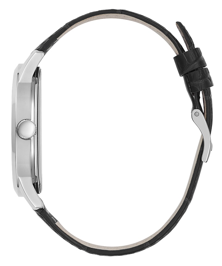 Silver Tone Case Black Genuine Leather Watch large