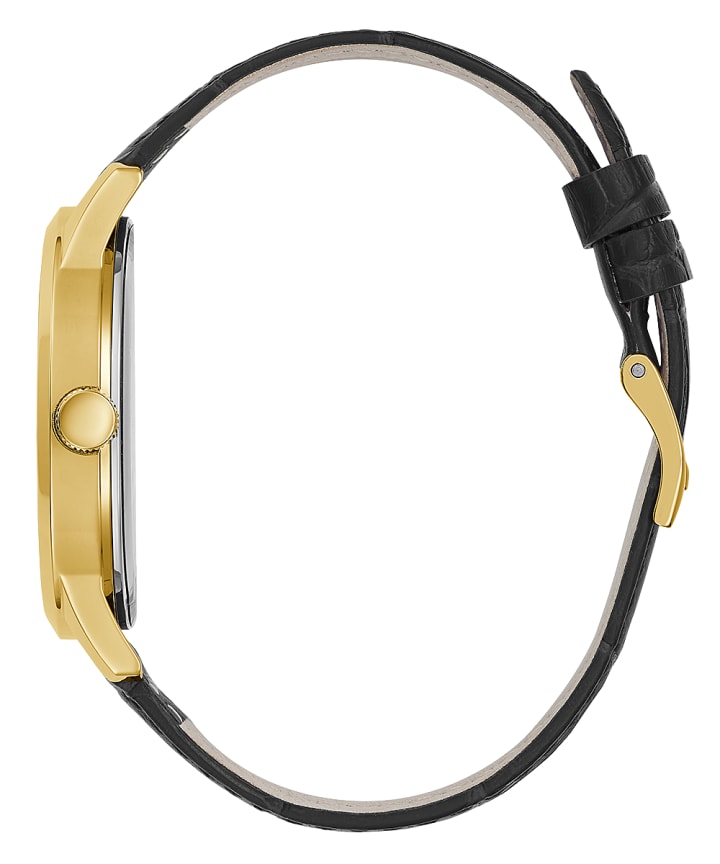 Gold Tone Case Black Genuine Leather Watch large