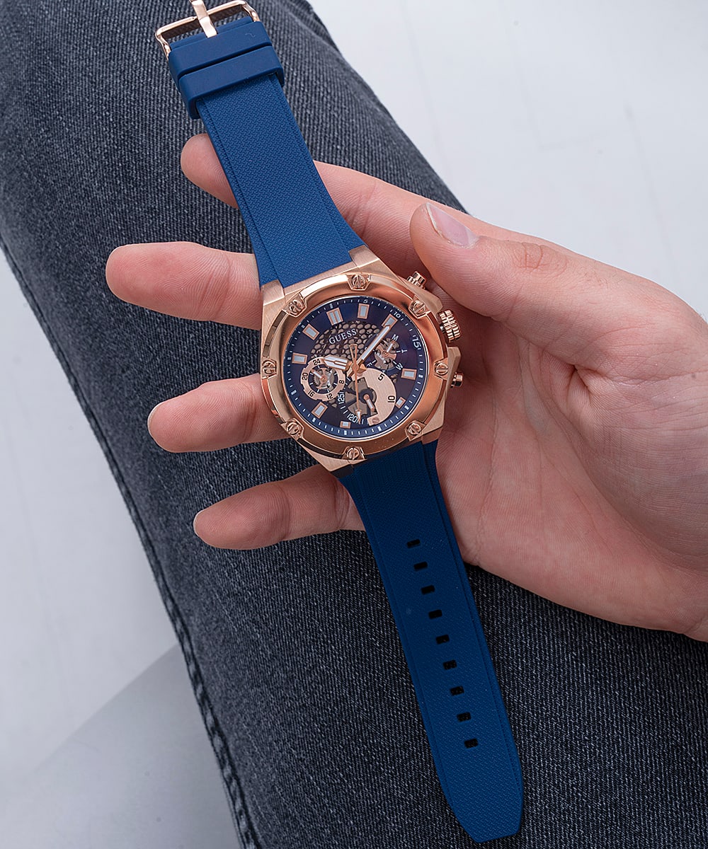 Rose Gold Tone Case Blue Silicone Watch