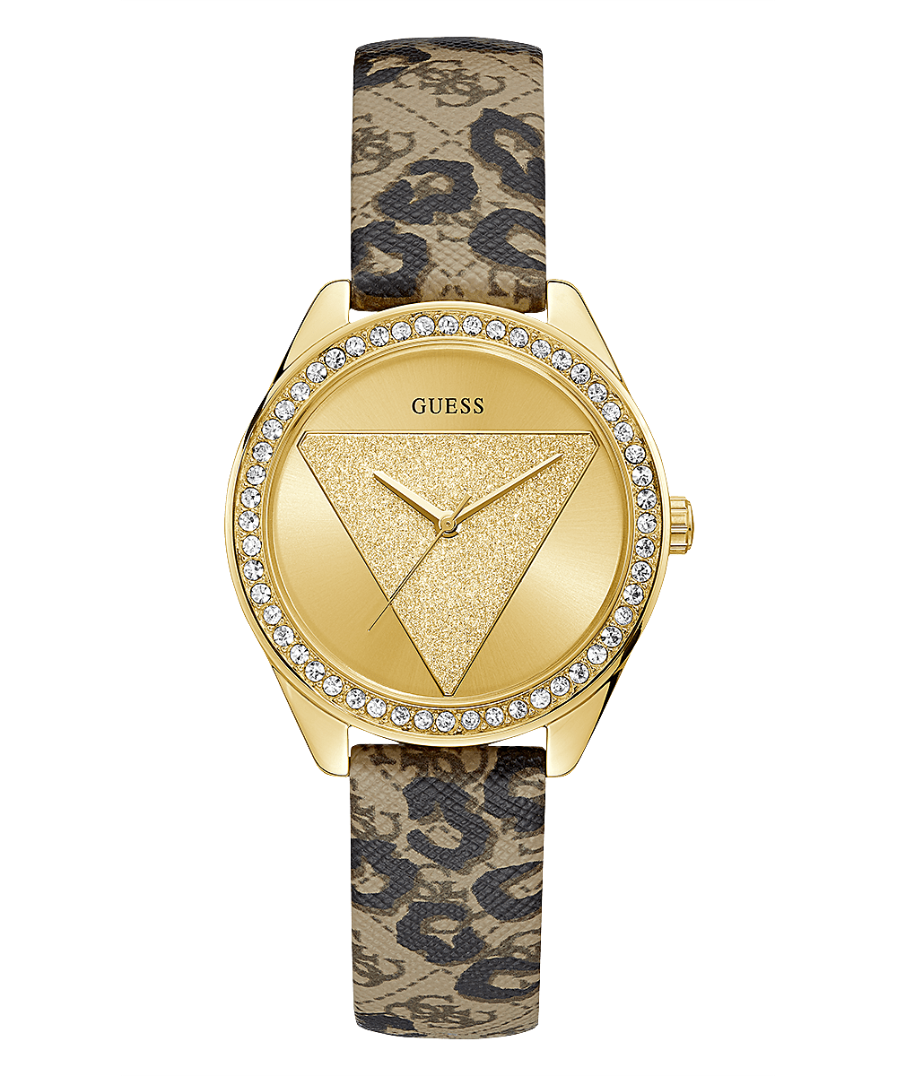 Ladies Gold Tone Case Animal Print Genuine Leather Watch - GUESS Watches